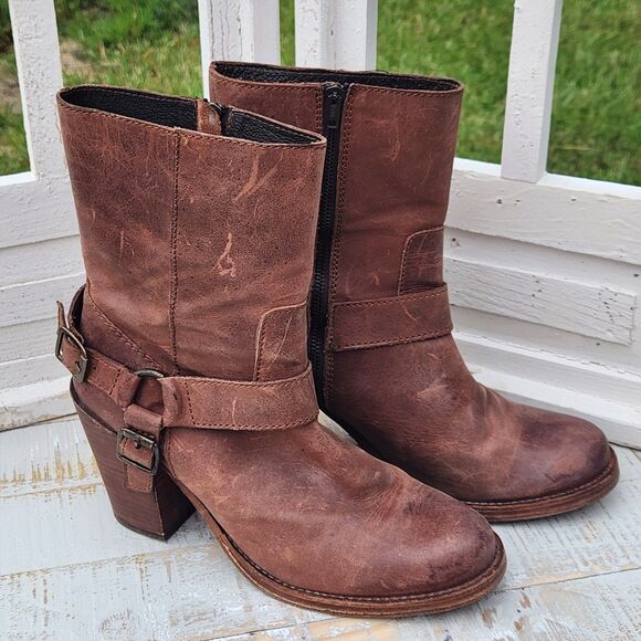 Y2K Vintage Steve Madden Boots Women's 10 Brown Distressed Leather Belted Biker - Picture 10 of 14